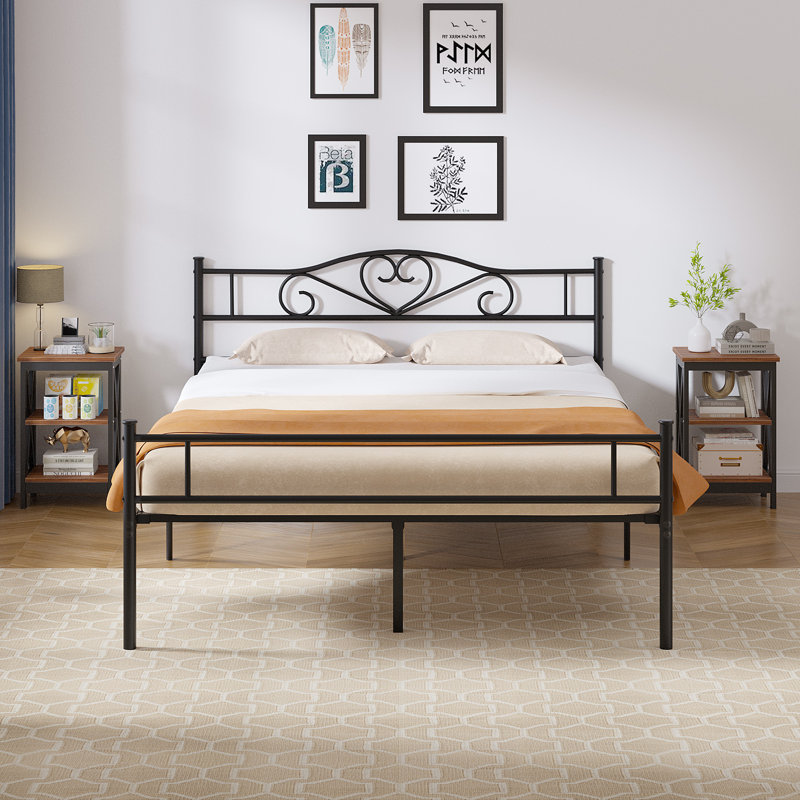 Ensemble de chambre à coucher 3 pièces Kempst, cadre de lit en métal noir avec 2 tables de chevet à tablettes ouvertes, ensemble de lit plateforme en métal avec table d'appoint de 2, ensemble de mobilier de chambre pour petit espace pour appartement, chambre d'amis, chambre à coucher moderne