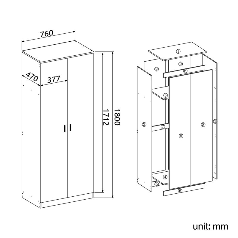2 Door Manufactured Wood Wardrobe, White/Oak