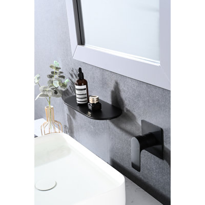 Robinet de lavabo de salle de bain - mural, noir mat, poignée simple, cascade noire brillante avec poignée