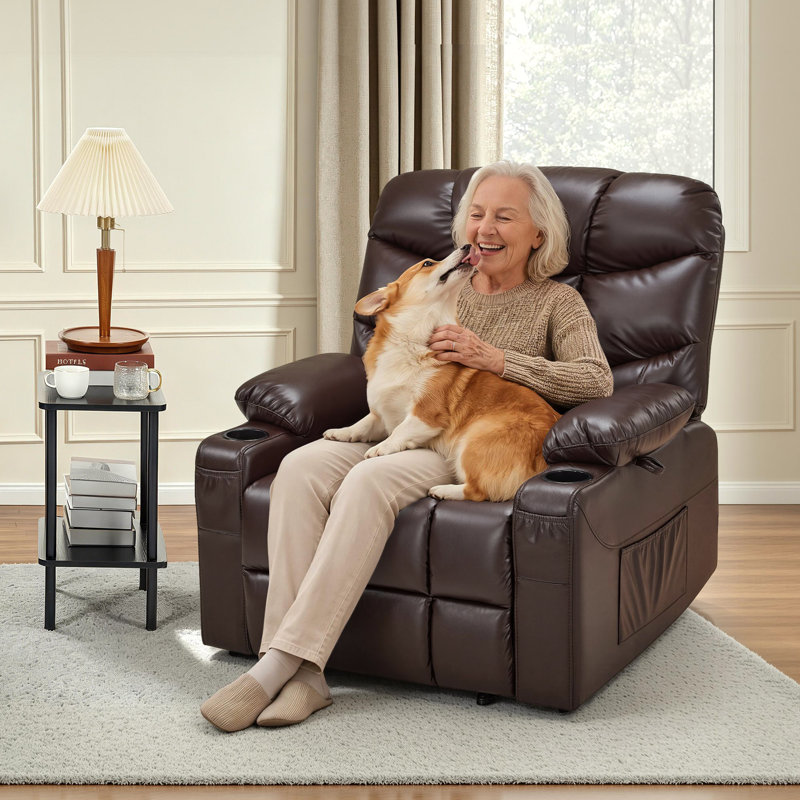 Latise Wide Power Recliner Lift Chair with Extended Footrest, Faux Leather, Dark Brown 100% Polyester