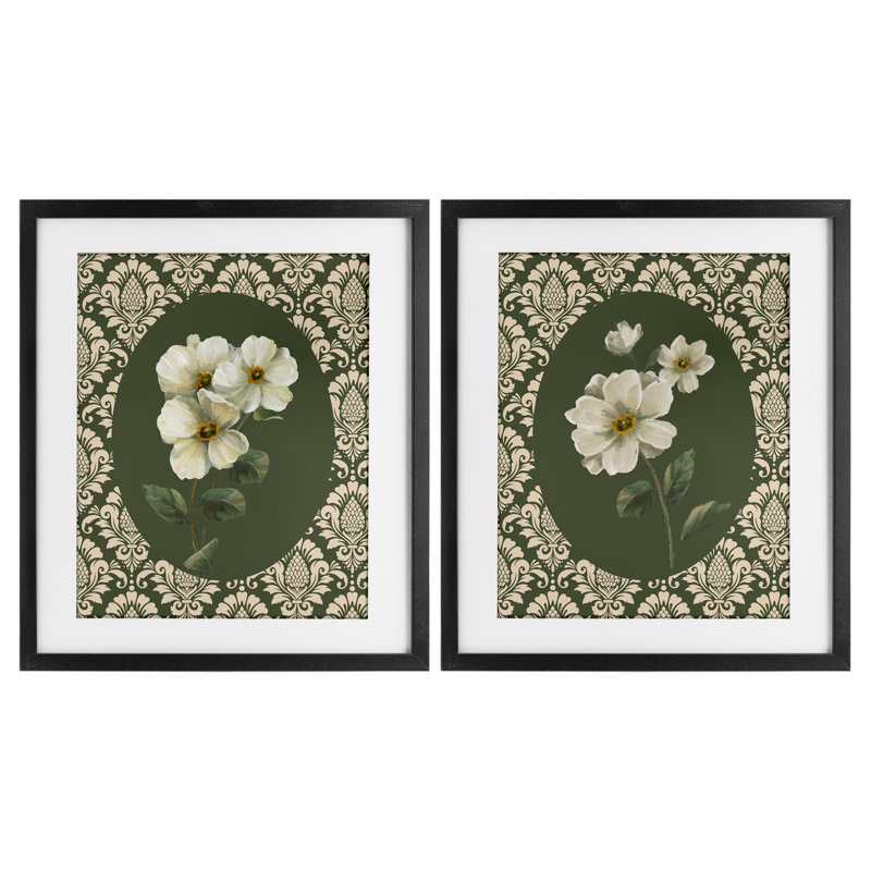 Ensemble de 2 impressions encadrées sous verre Fancy Lace White Florals, design par Nan, Cadre noir minuit, H 16 po x l 13 po