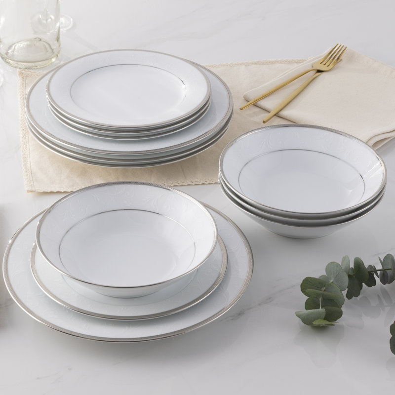White Porcelain 12-Piece Dinnerware Set with Platinum Band
