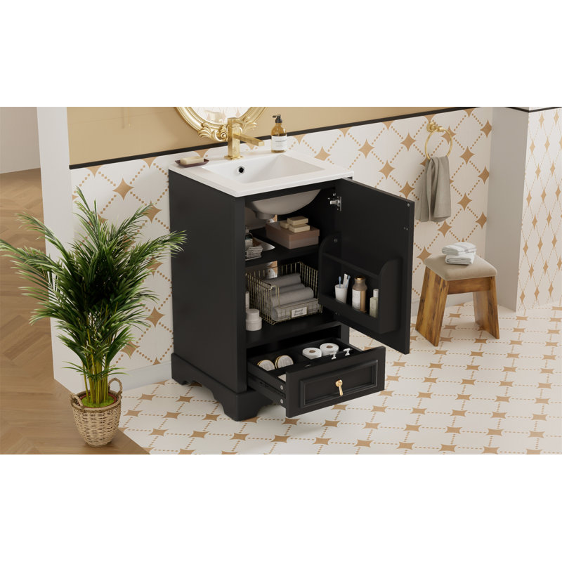 Meuble-lavabo de 20 po avec lavabo en céramique, porte à fermeture en douceur, tablette ajustable en forme de U, tiroir de compartiment et support de porte, style moderne, conception peu encombrante
