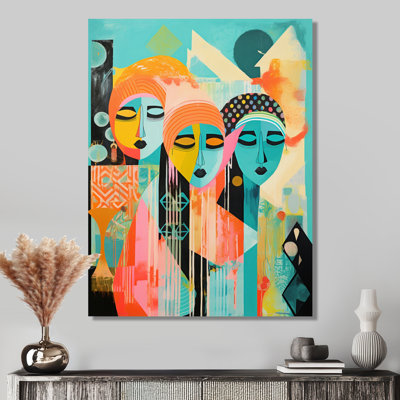 Serene Devotion Three Turquoise Woman Praying - Abstract Collages, impression d'art mural