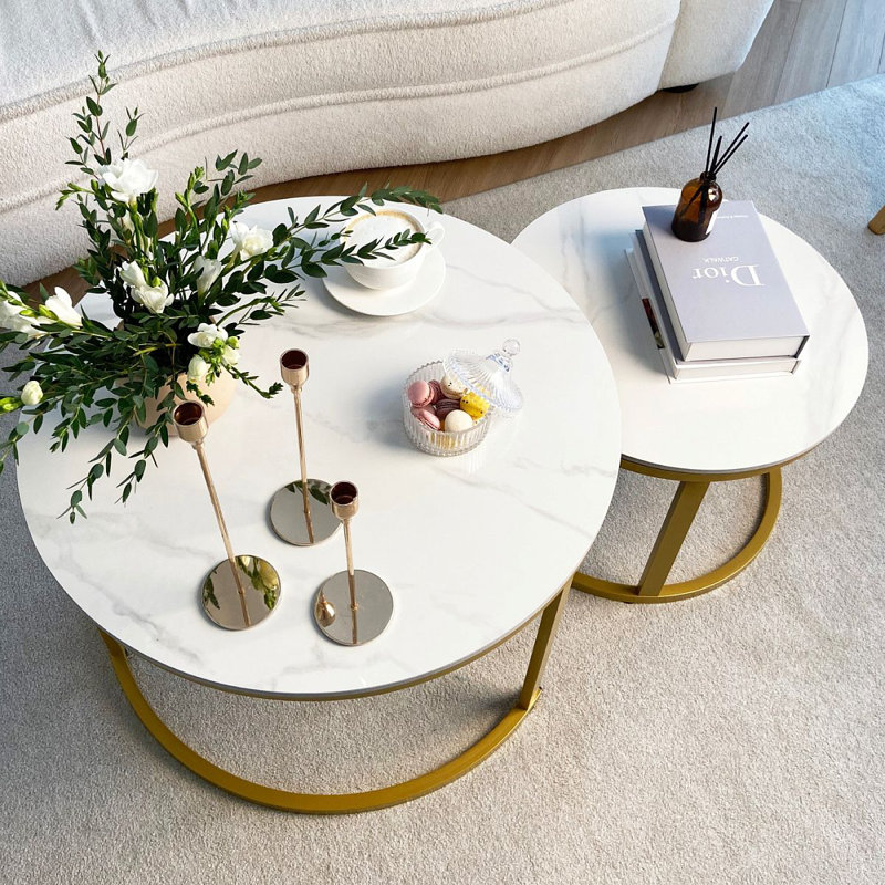 Marble Nesting Coffee Tables for Living Room | Real Sintered Stone Slab | 2 Piece Table Set, White Top/Gold Base