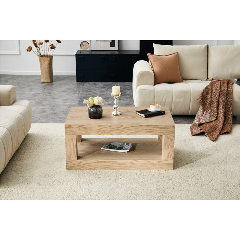 Table basse moderne à 2 niveaux pour mobilier de salon, table centrale rectangulaire avec tablette de rangement ouverte. La table basse à double couche est fabriquée en panneau de fibres à densité moyenne. Assemblage stable et durable, facile