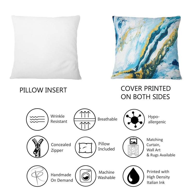 Blue With Gold Liquid Art - Modern Printed Throw Pillow 1