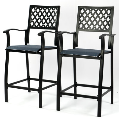 2 Pieces Patio Bar Chairs Outdoor Bar Stools With Wrought Iron Frame And Textilene Fabric