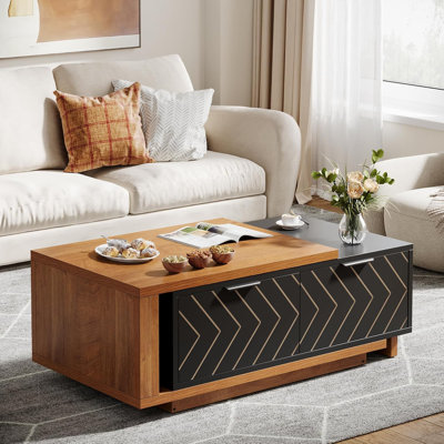 Extendable Coffee Table, 42"-65" Length Adjustable Reversible Wood Coffee Table With 2 Storage Drawers For Living Room, Large Long Rectangular Dual-Tone Center Table (Light Brown & Black)