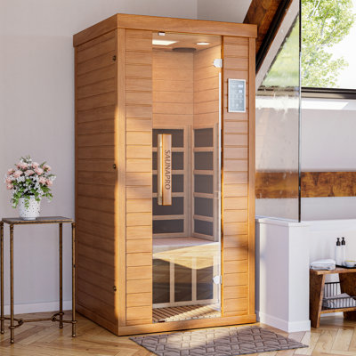 Sauna Pro 1-Person Indoor Low EMF Far Infrared Sauna in Okoume with BT Speakers, LED Lighting and App Control, for Home Spa & Therapy