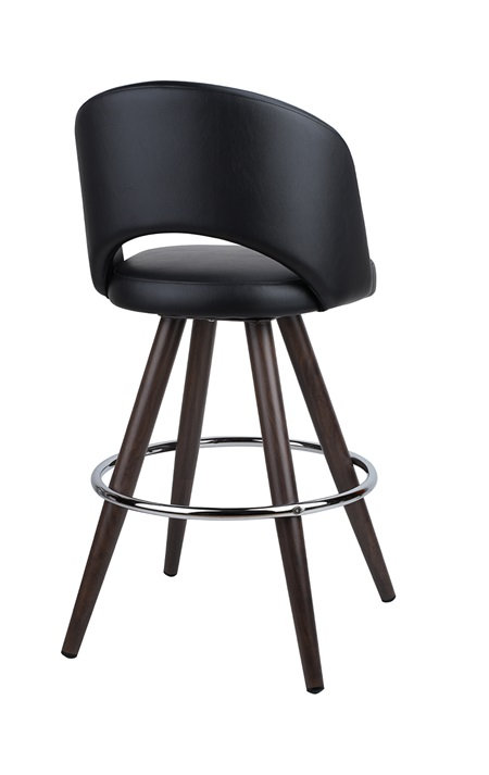 Tabouret de bar pivotant rembourré noir avec pieds en grain de bois en métal noyer foncé et repose-pieds chromé