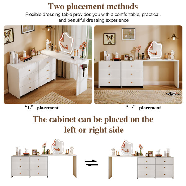 43 Inch Makeup Vanity Desk With Mirror & 10 LED Lights - White Table With 5 Drawers & Shelves For Bedroom