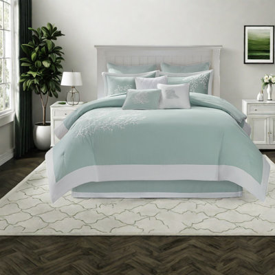 Luxurious Oversized Cotton Jacquard Bedding Sets, Aqua Queen With Coastal Embroidery