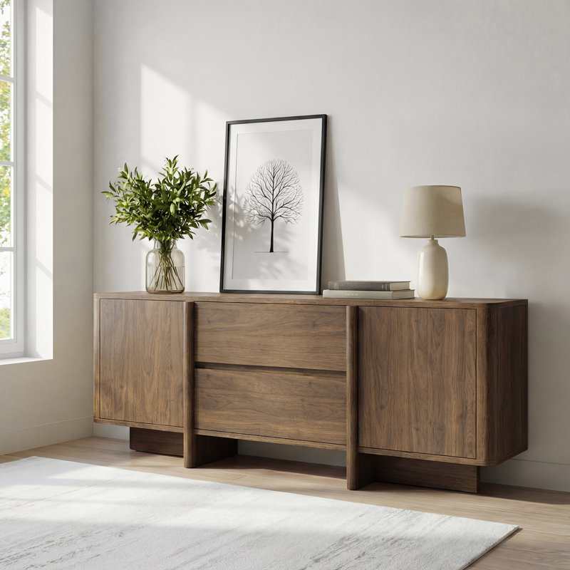 Aureon 62" Modern Arc TV Stand With Handleless Design & Adjustable Shelves,Fits Tvs Up To 70", Walnut