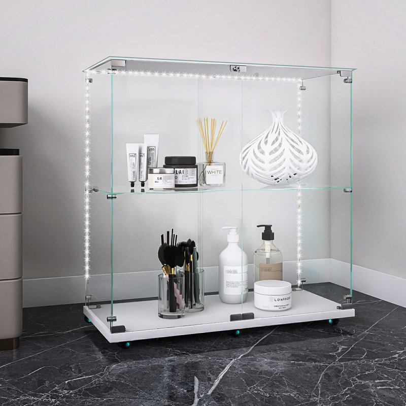 Armoire à vin blanc avec verre trempé, éclairage à DEL, verrouillable pour sol irrégulier, aspect classique, 3 à 4 tablettes, bois franc d'ingénierie et panneau de particules, lime de 13,42 po de largeur, pivotant
