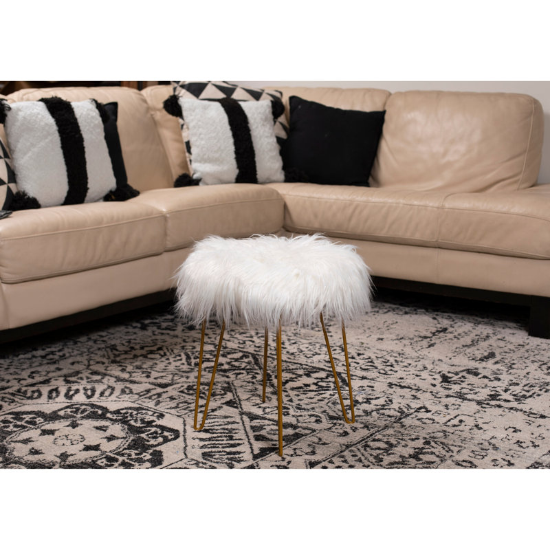 Repose-pieds rond en fausse fourrure 16,9 po BirdRock Home - Blanc / Or, Fausse fourrure blanche, Gold