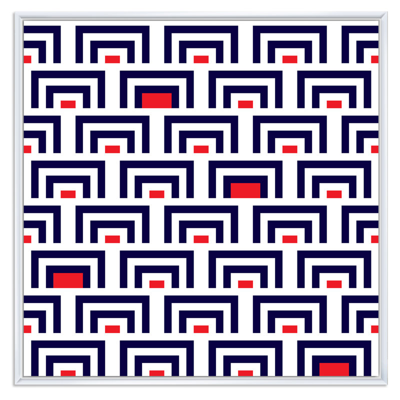 Bleu et rouge géométrique - Impression sur toile, H 16 po x l 16 po, Cadre flottant blanc