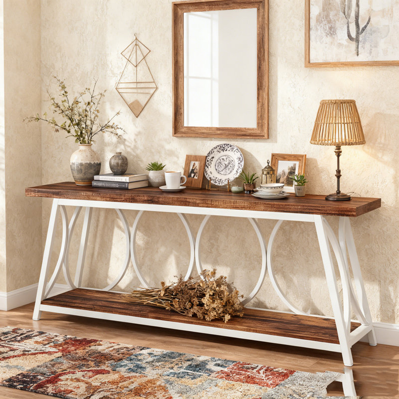 2-Tier Console Table Industrial Sofa Table Behind Couch with Shelves, White & Brown