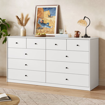 Pilou White 10 Drawer Wide Dresser, 55" Modern Bedroom Storage Dresser Chest