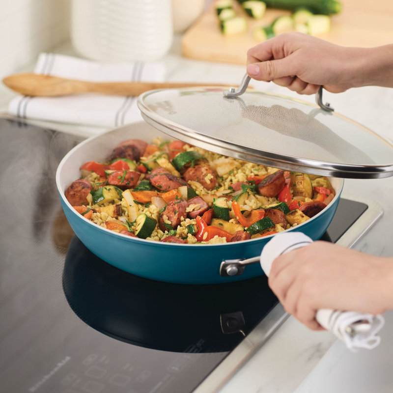 Kitchenaid Hard-Anodized Ceramic Induction Skillet With Lid, 12.25-Inch, Agave, Blue