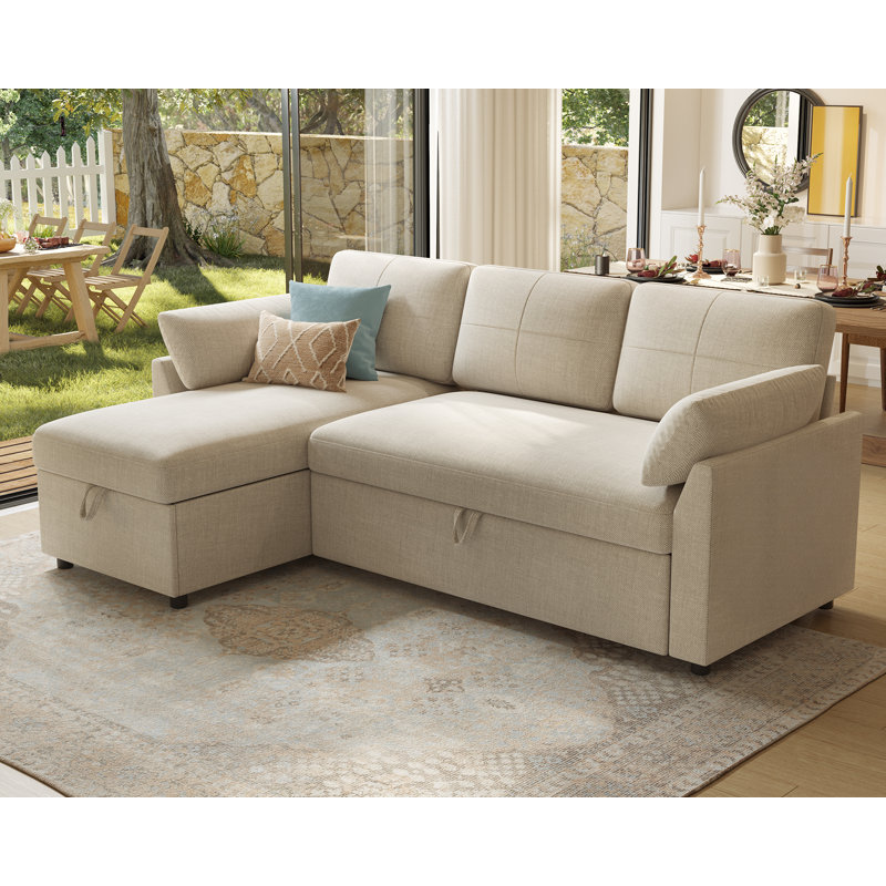 Sleeper Sectional Sofa with Pull-out Bed and Storage Chaise, Linen Blend Beige Upholstery – For Living Room, Beige Linen