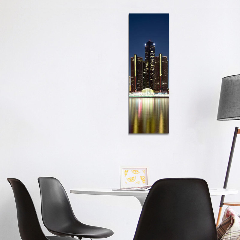 Skyscrapers Lit Up at Dusk, Renaissance Center, Detroit River, Detroit, Michigan, USA 1 Piece Wrapped Canvas Panoramic Wall Art