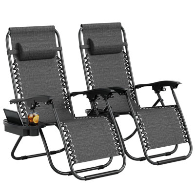 Zero Weight Patio Lounge Chairs Set of 2 – Portable Folding Recliners with Adjustable Pillow and Cup Holder Tray – Outdoor Lawn, Deck, Garden Seating – Gray Tes (One Box, Two Pieces)
