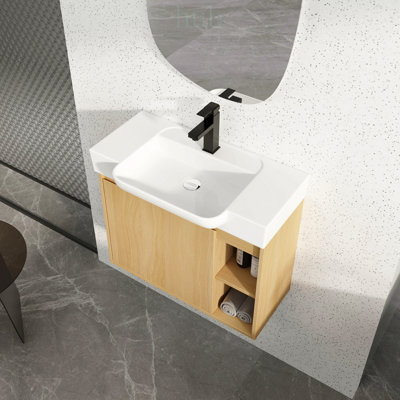 Meuble-lavabo mural de 28 pouces avec lavabo en céramique, porte à fermeture en douceur et beaucoup de rangement pour les salles de bain modernes