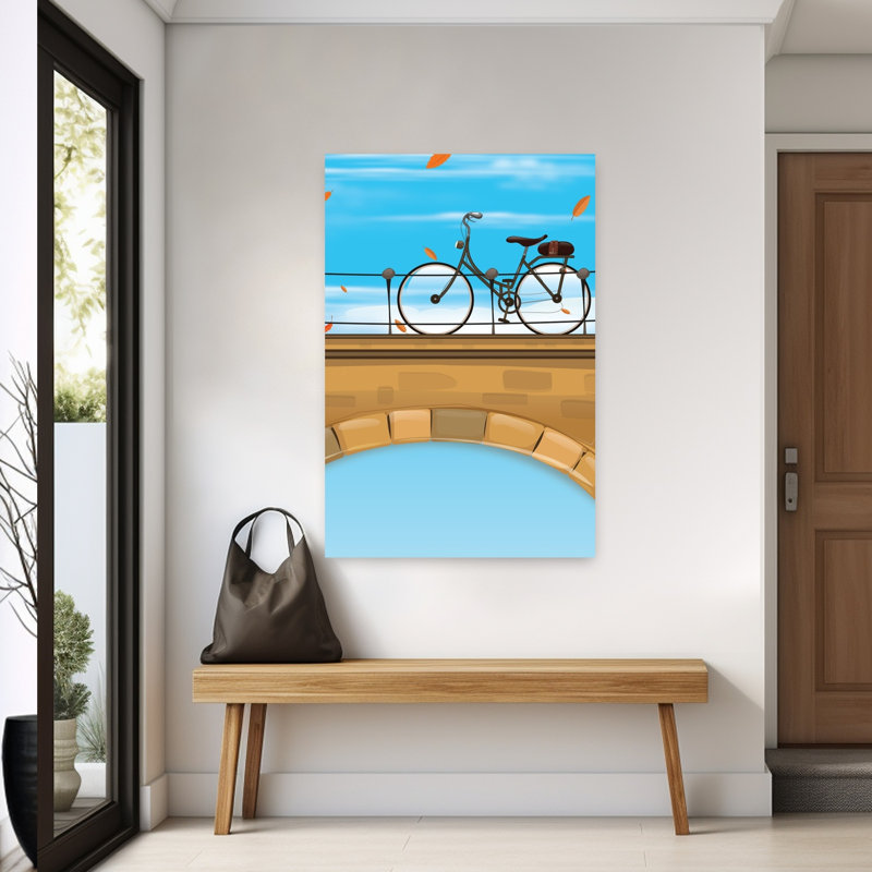 Automne, pont, vélo, tranquillité classique, ville d'automne rétro, impression d'art mural, 60" H x 40" W