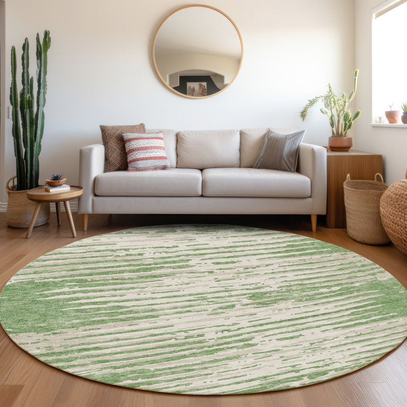 Premium Machine Washable Prisco Green Rug, Round 8'