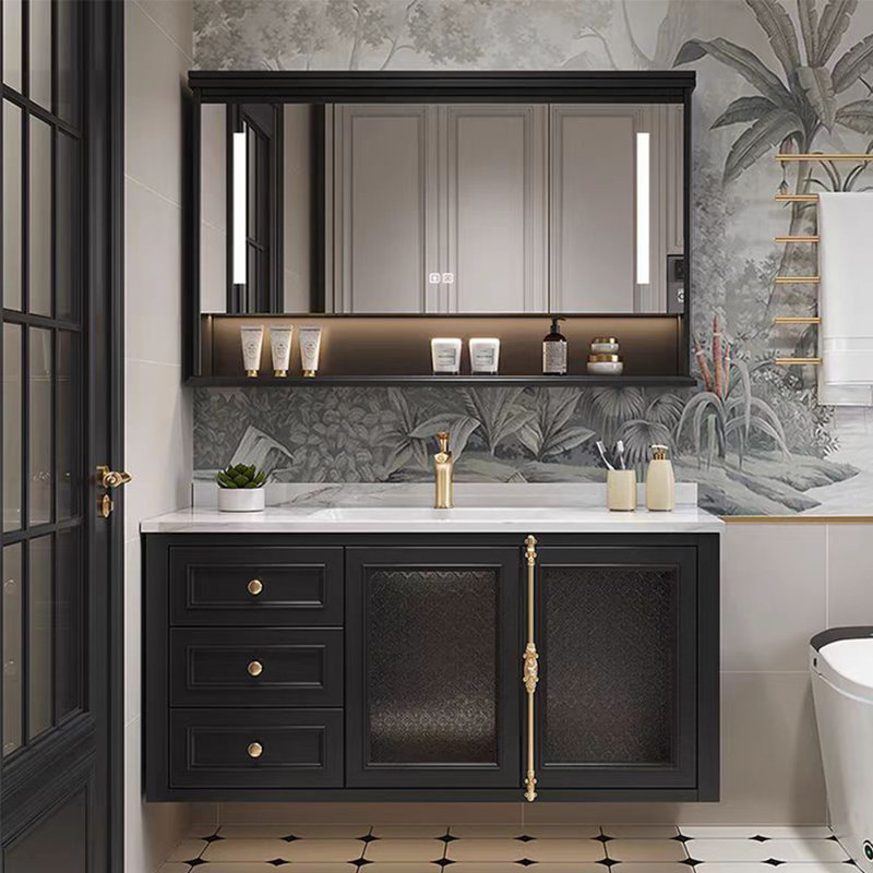 Armoire de salle de bain à la française, H 19,69 po x l 47,24 po x P 19,69 po, Noir, noir, noir, noir