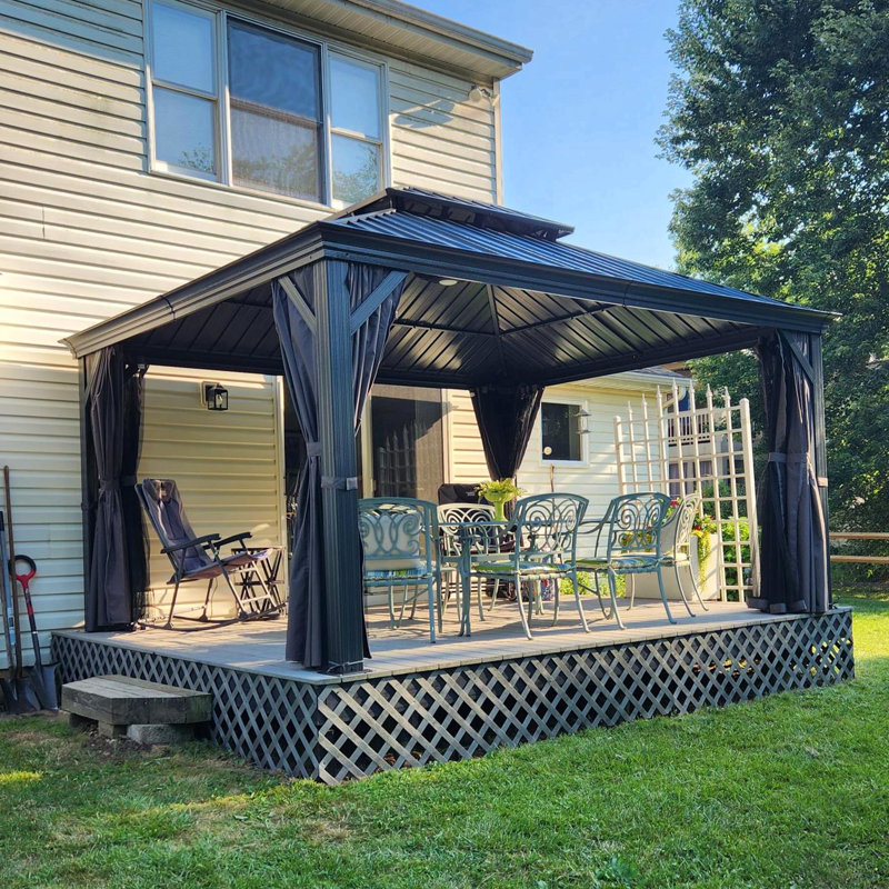 Pavillon de jardin extérieur permanent en aluminium 12 po x 14 pi avec toit double en acier galvanisé, gouttières, rideaux et filet pour la fête, le mariage, la salle à manger