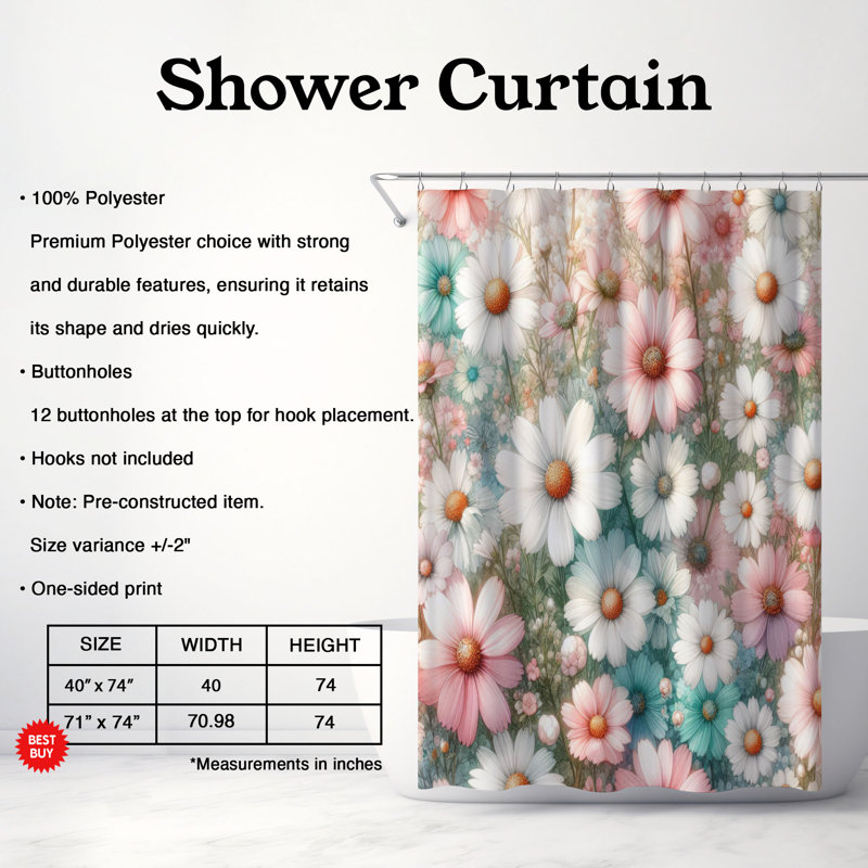 Watercolor Daisies - Rideau de douche standard 1 pièce, H 74 po x l 40 po