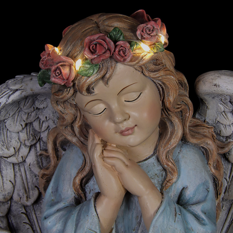 Statue de jardin petite fille ange avec guirlande de fleurs DEL Exhart