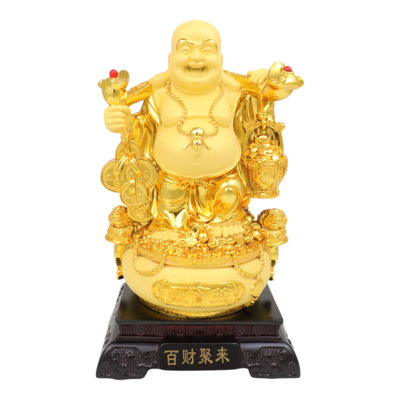 9.5 Inch Golden Money Buddha Statue with Wealthy Pot and Money Frogs