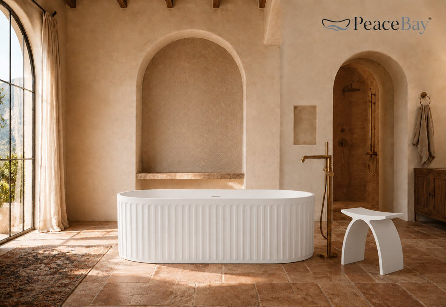 PeaceBay marble freestanding soaking bathtub in a serene Mediterranean-style bathroom with arched architectural features, terracotta floor tiles, and gold fixtures.