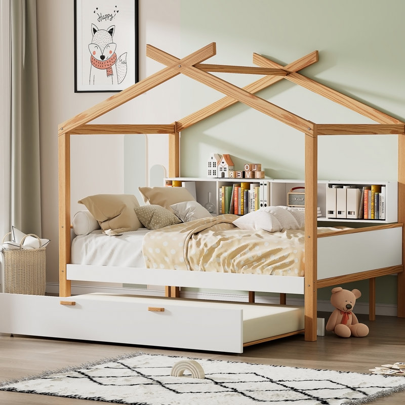 Lit en bois avec lit gigogne et bibliothèque, idéal pour les chambres d'enfants et les espaces invités