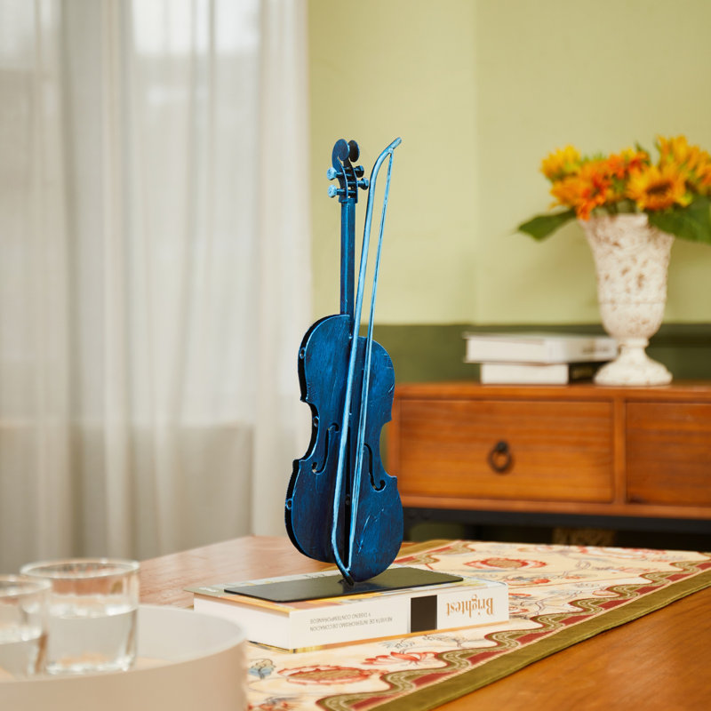 Statue de violon en métal faite à la main et peinte à la main, Bleu