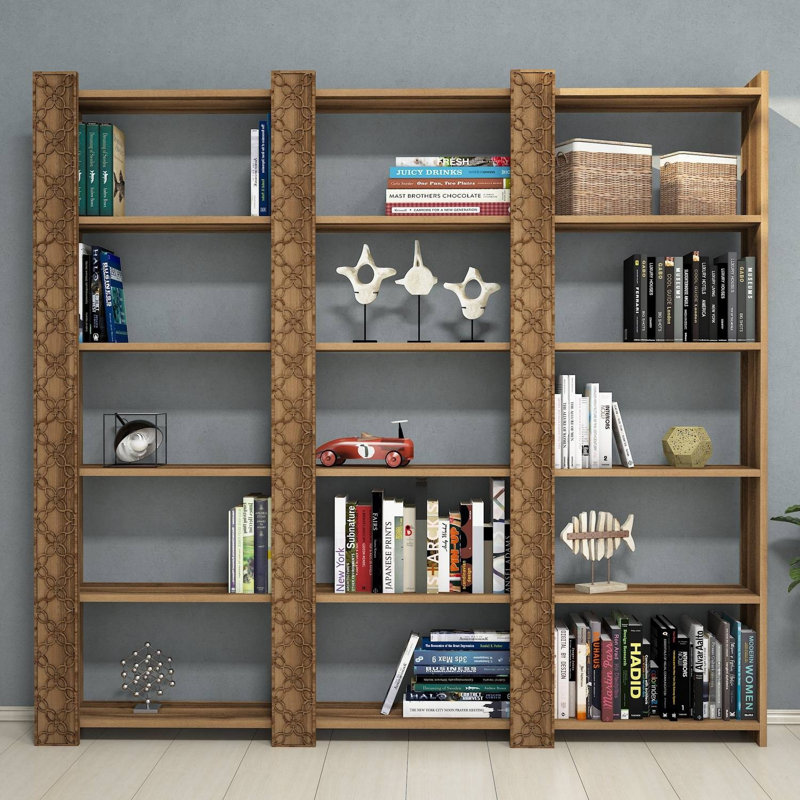 Walnut Bookshelf with Multiple Shelves, 72.6 x 66.9 x 9.5 inches | 100% Melamine Coated Particle Board, 0.7-inch Thickness | Wall-Mountable, Stylish Traditional Design for Home or Office Storage & Display