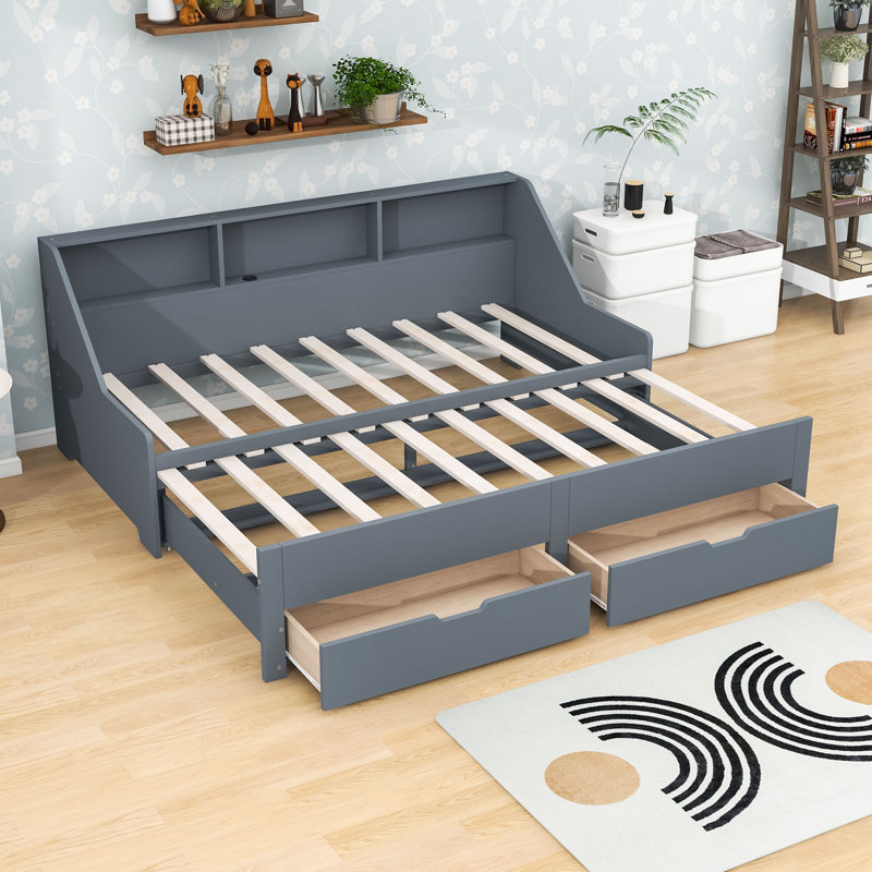 Twin to King Daybed with Charging Station and Drawers, Gray