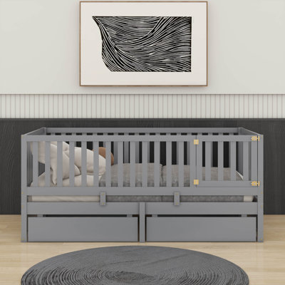 Wood Daybed With Fence Guardrails And Drawers