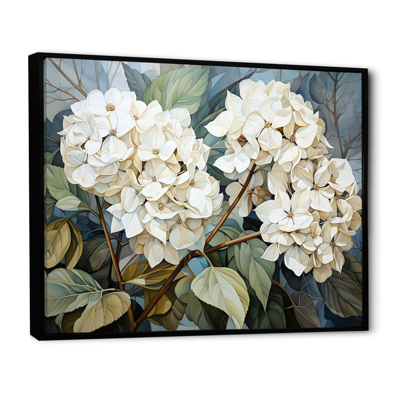 «Cubist Hydrangea L'interpretation» - art mural hortensia, Cadre flottant noir, H 24 po x l 32 po x P 1 po