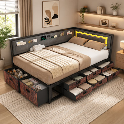 Full Corner Daybed with Reversible L-Shaped Headboard, Storage Drawers and Charging Station