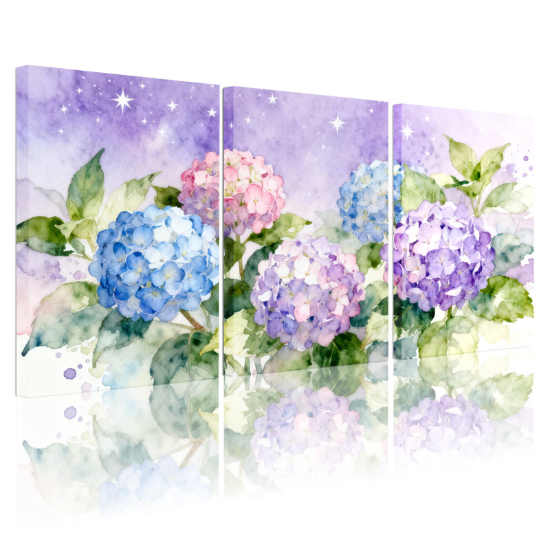Aquarelle, hortensia, impression sur toile, fleurs mauves et bleues (ensemble de 3), H 18 po x l 36 po