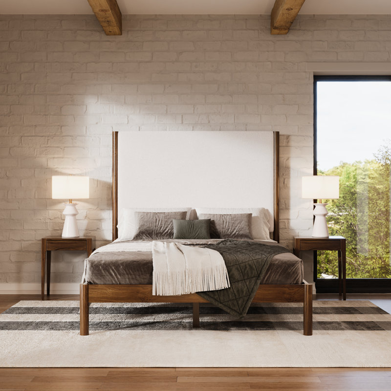 Ardin Solid Wood Bed with Boucle Headboard, Queen, Walnut