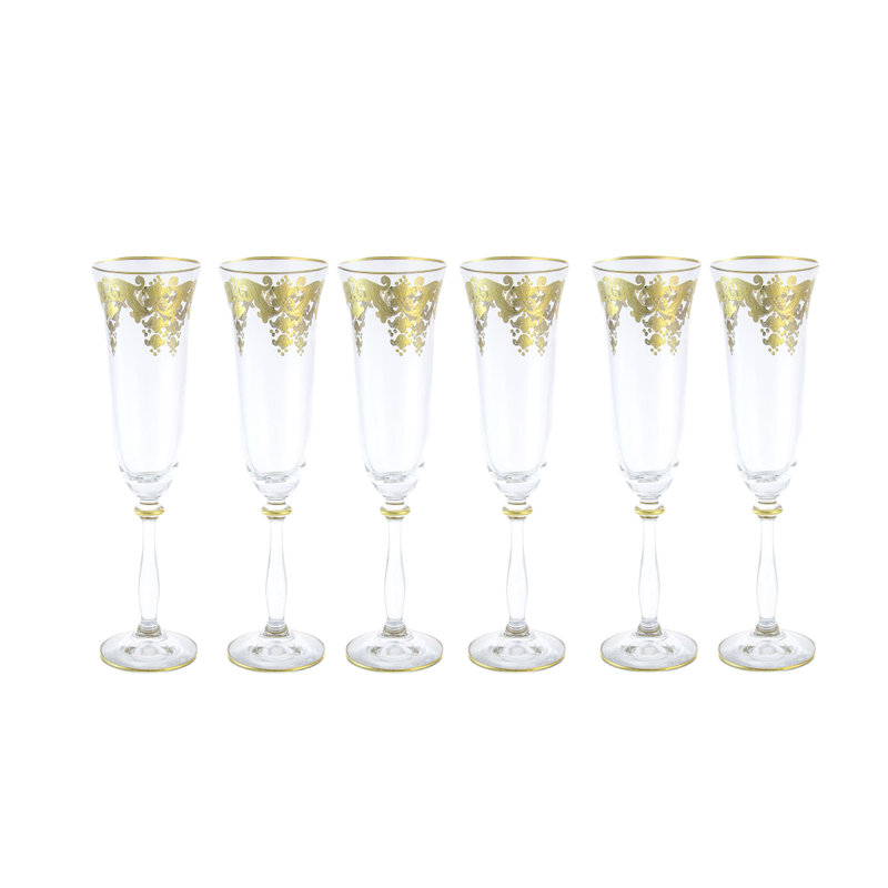 Ensemble de 6 flûtes en verre avec une riche œuvre d’art en or 24K