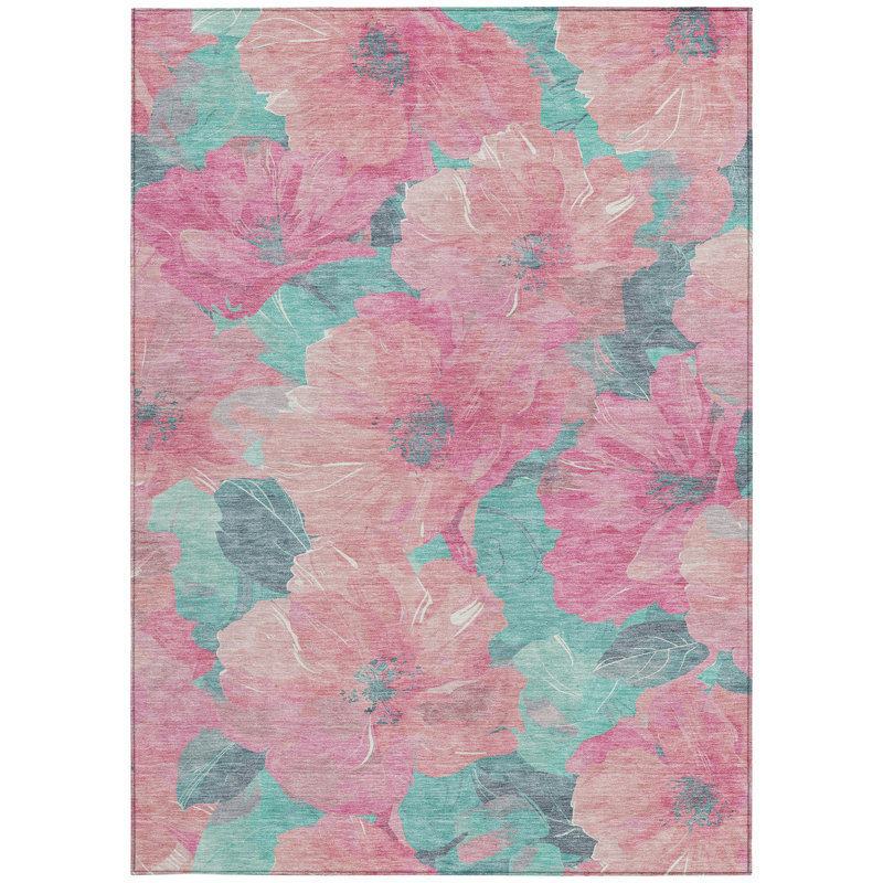 Tapis intérieur lavable floral rose et mauve 5 pi x 8 pi