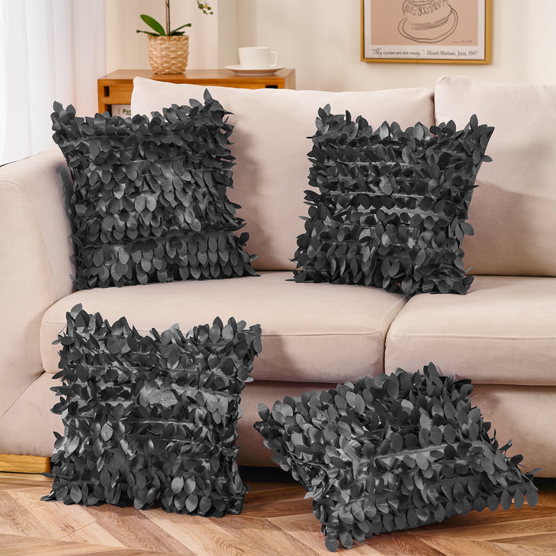Jeté floral, 18 po x 18 po, Polyester / bourre de polyester, Noir