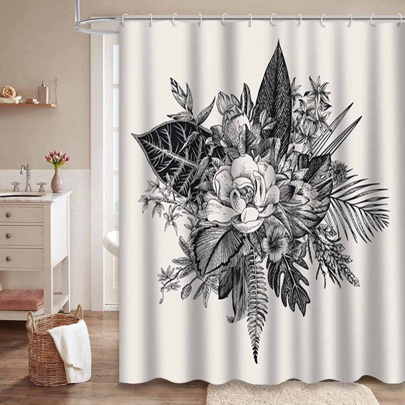 Rideau de douche imperméable hibiscus à motif floral noir et blanc avec 12 crochets, L 72 po x l 84 po