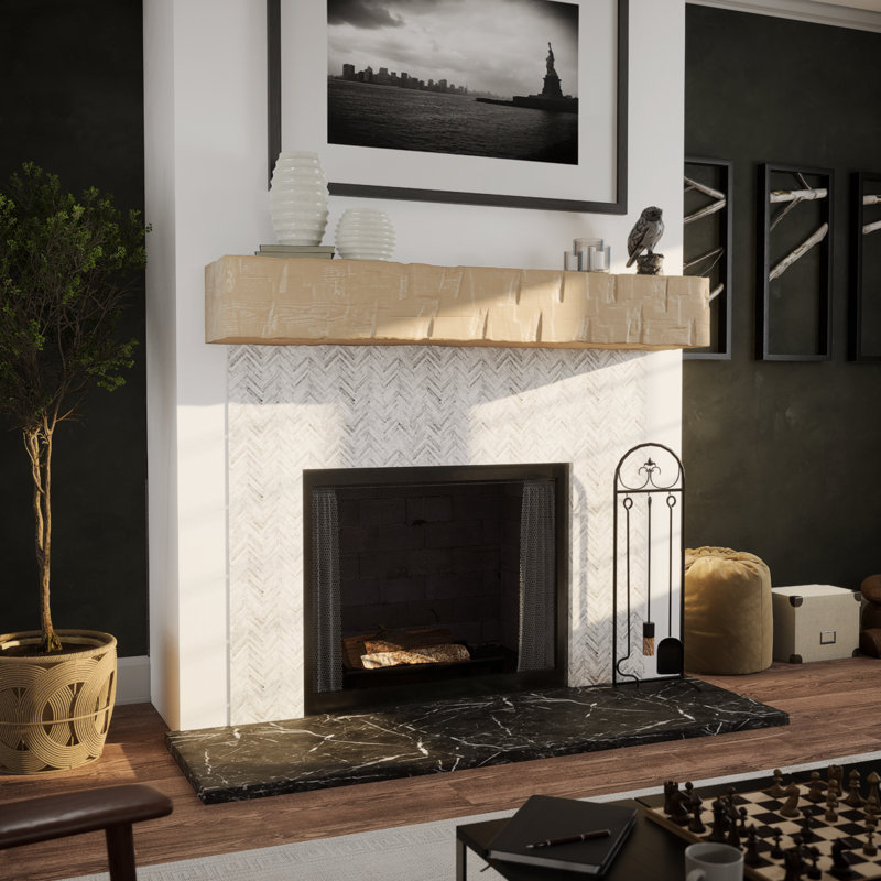 Reclaimed Axed Cut Heritage Timber Faux Wood Fireplace Mantel, Vanilla Chai, 5.5" H x 66" W x 7.5" D